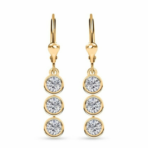 1.75ctw. Authentic Moissanite 3 Stone Drop Earrings in 18k Gold over Silver - Picture 1 of 11